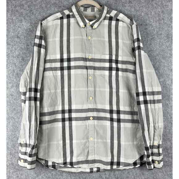 Burberry Brit Shirt Mens XL Gray Check Plaid Linen Blend Button Down Long Sleeve